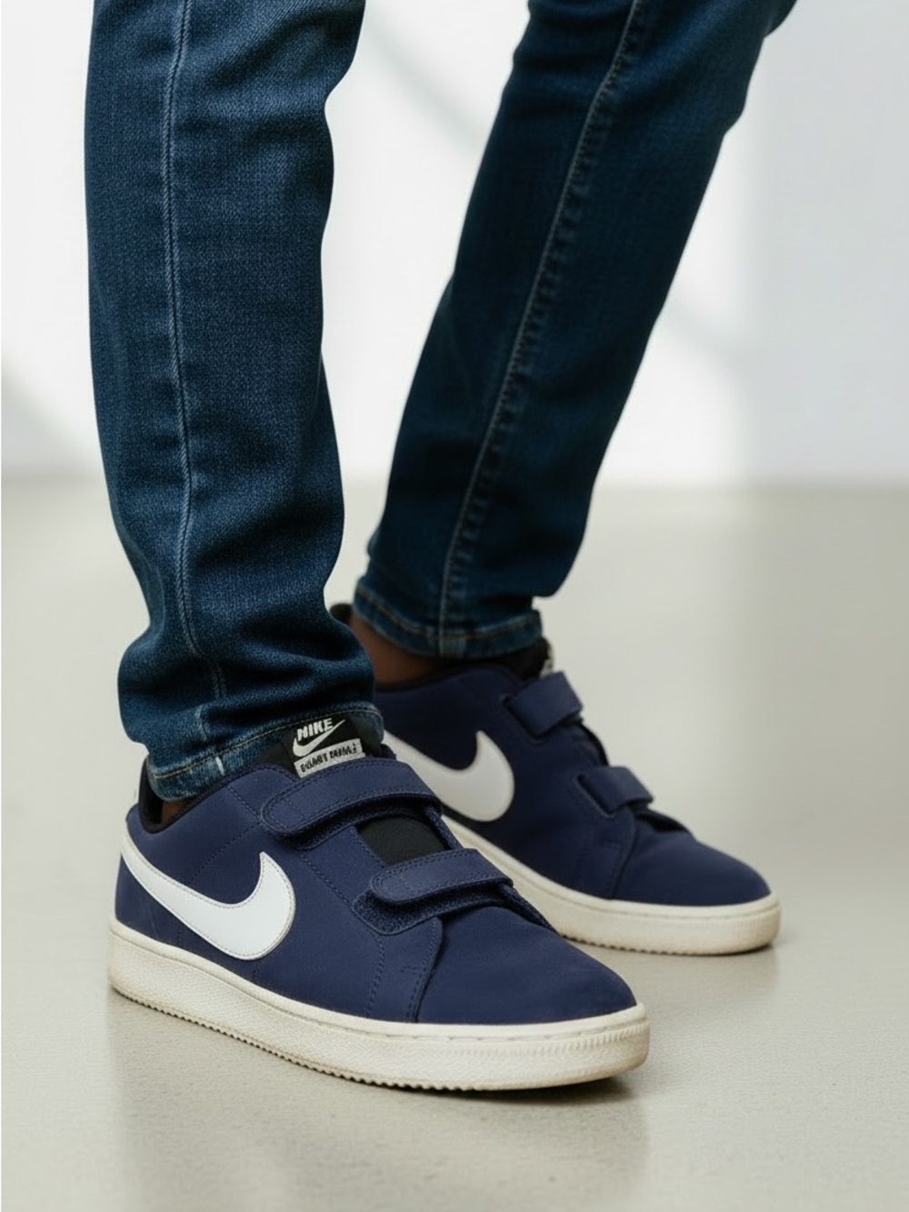 Nike Deep Navy Boys Sneakers with White Swoosh and Velcro Straps